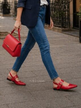 Steve Madden Smokee Red Slingback Flats | Silver Buckle Detail Sz 6 Vegan NWB